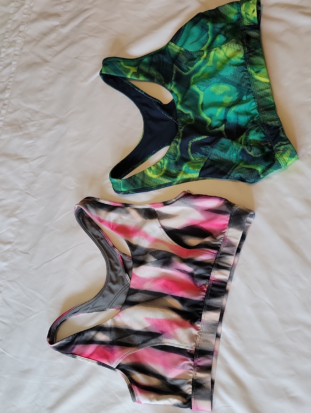 tek gear Racerback Sports Bra Duo in Green Marble & Pink Gray Print. High Impact